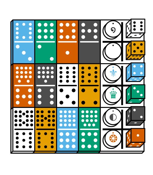 Double-18 dominoes and standard dice in a variety of colors